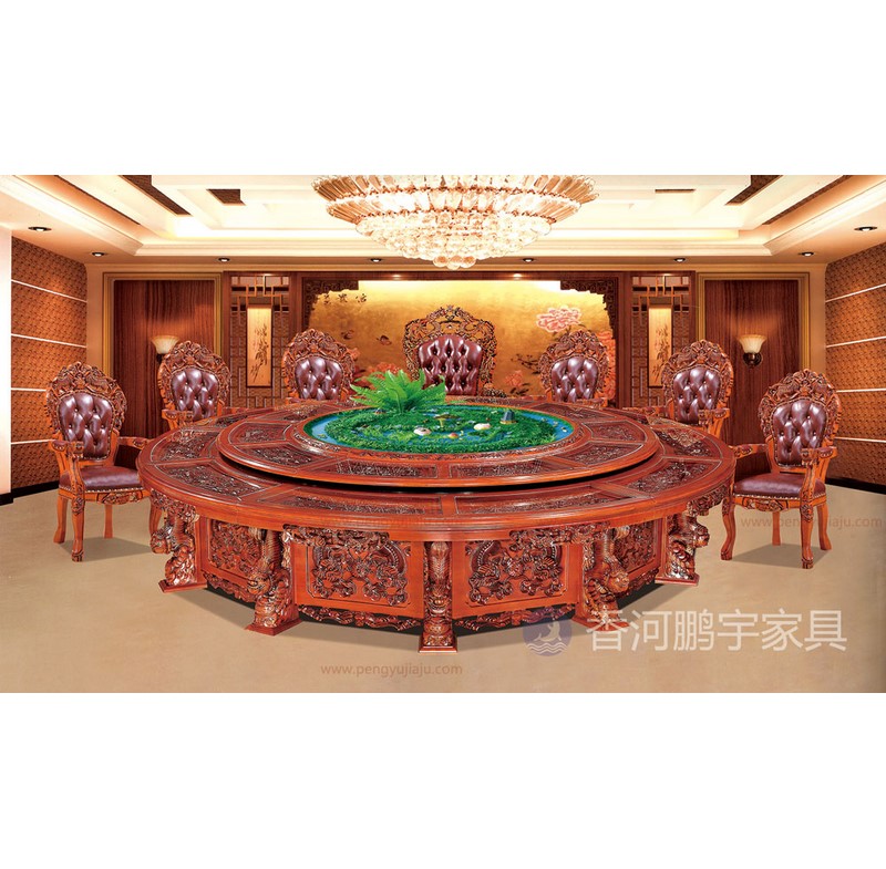A-006橡木雕刻仿古圆桌带音乐喷泉 酒店电动餐桌